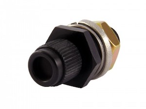 A Black And Gold Purge Relief Valve With A Tire Valve Core In a Lightweight Minimal Length Housing